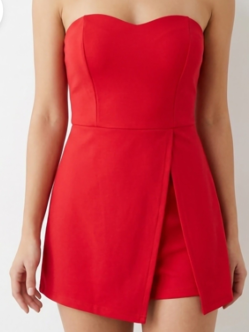 She + Sky Strapless Red Mini Dress with Front Slit
